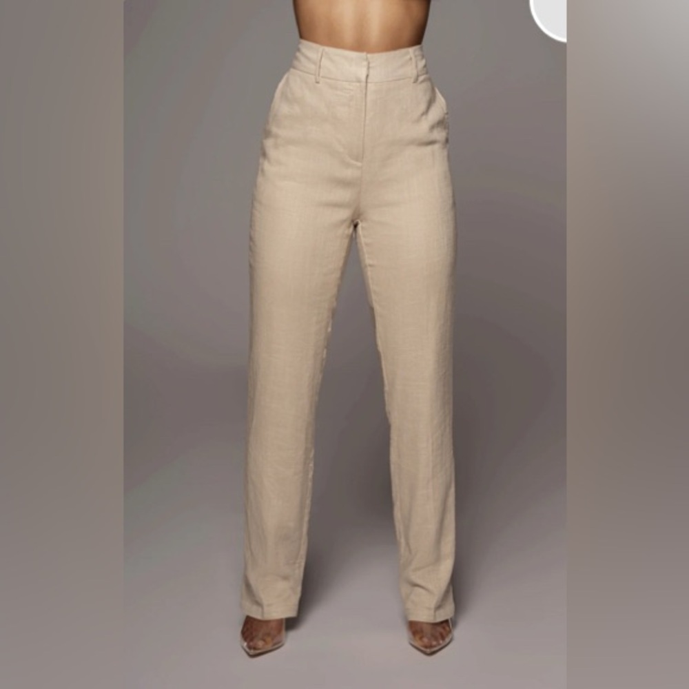 JLUXLABEL Neutral Beige Straight-Leg Linen-Blend Pants